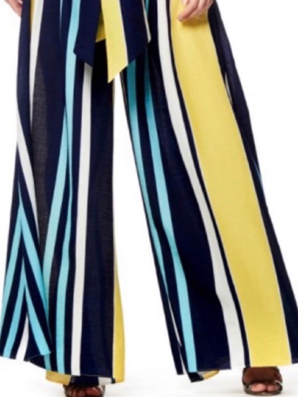 Gracia NWT Striped Wide-Leg Pants with Self-Tie Waist in Navy and Yellow Stripes
